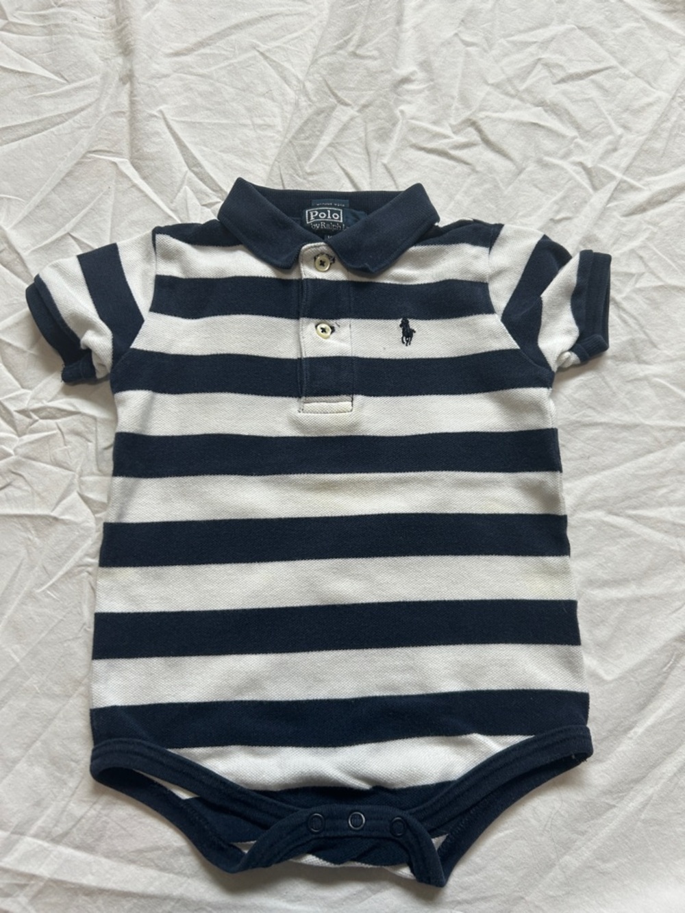 Boys 12 M Ralph Lauren Navy & White Striped Polo Onsie